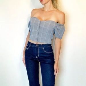 Sensemill plaid crop puffy off the shoulder sleeves top blouse L